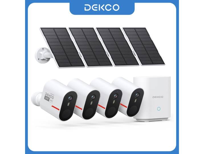 Système de caméra solaire sans fil Dekco 5MP, kit 4 caméras, caméra de sécurité solaire WiFi extérieure, vision nocturne couleur, conversation bidirectionnelle, caméra CCTV