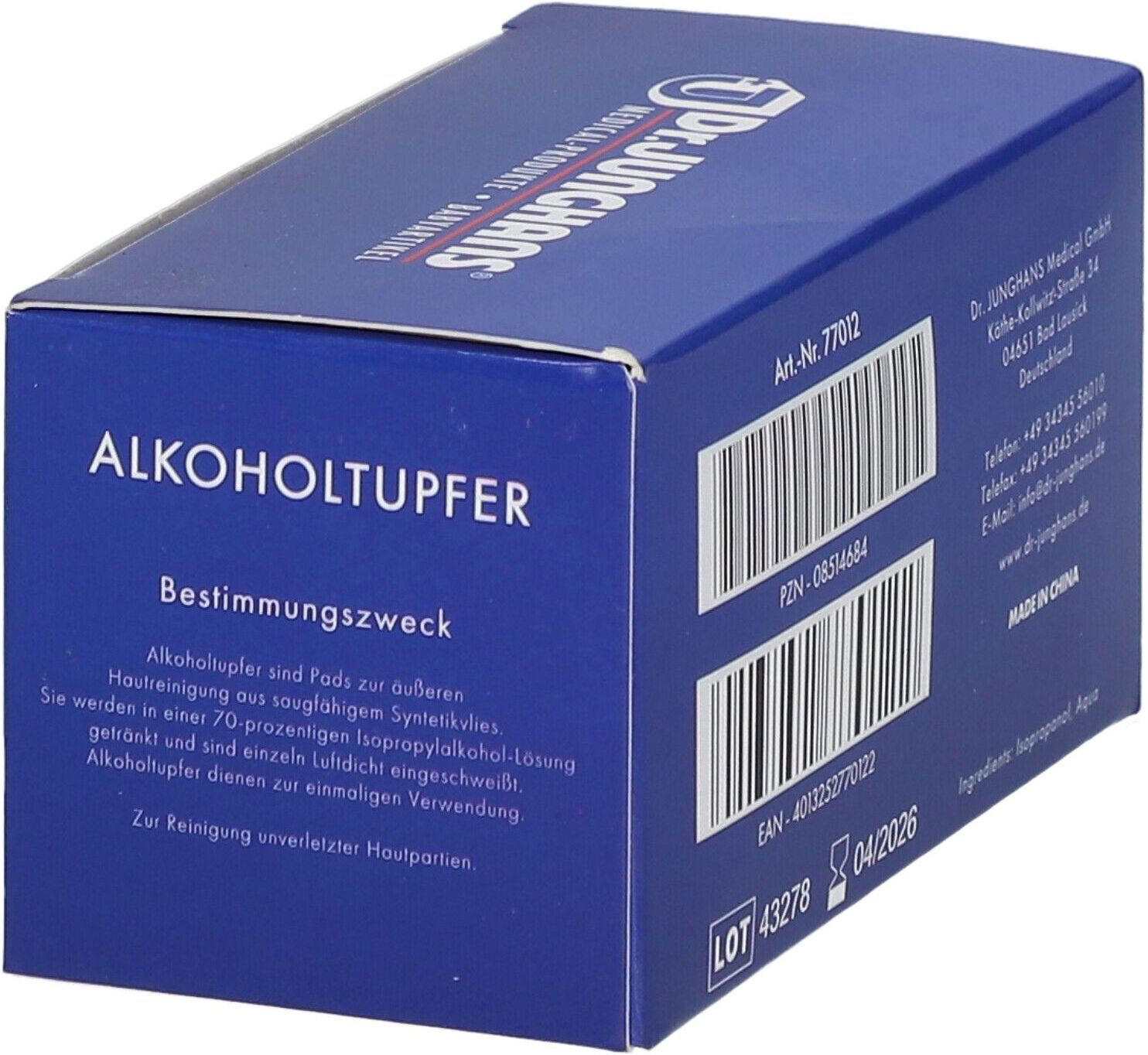Dr. Junghans® Alkoholtupfer 3 x 6 cm steril Tupfer 100 St 100 St Tupfer