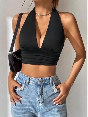 Daily Deals Depot Women Backless Halter Deep V Neck Crop Top Y2K Summer Party Streetwear black l