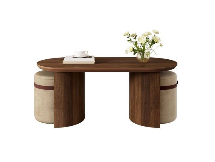 Ensemble table basse et 2 poufs table ovale MDF table à café moderne avec assises TABLE BASSE
