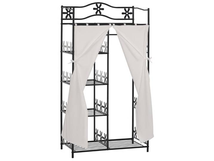 Armoire dressing 84x42x159cm – 5 étagères – métal noir + 2 rideaux blancs – rangement