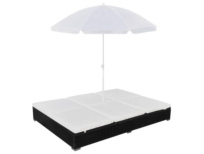 vidaXL Outdoor-Loungebett Mit Sonnenschirm Poly Rattan Schwarz, Creme, Kunststoff, Füllung: Polyester, Rechteckig, 140x190x197 cm, Gartenmöbel, Loungemöbel, Gartensofas & Loungesofas