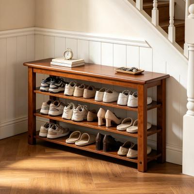 toswini Solid Rubberwood Shoe Bench with 3-Tier Storage and 2 Adjustable Shelves