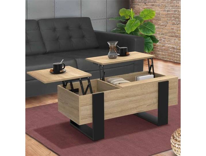 IDMARKET Table basse 2 plateaux relevables PHOENIX bois et noir