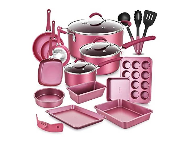 NutriChef Metallisches Antihaft-Keramik-Kochgeschirr-Set mit Deckel und Utensilien, 20-teiliges Set, Marron Pink