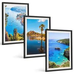 BILDER SET 3er Set - 40x60 cm Schwarzer Rahmen - Palmen am Meer, blaues Wasser