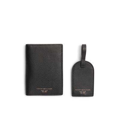 Brieftasche TOMMY HILFIGER "PASSPORT & LUGGAGE TAG", Herren, schwarz (schwarz, rot), Leder, Basic, Kleinlederwaren Brieftasche, Unisex, Geldbörse, Portemmonnaie mit Logoschriftzug