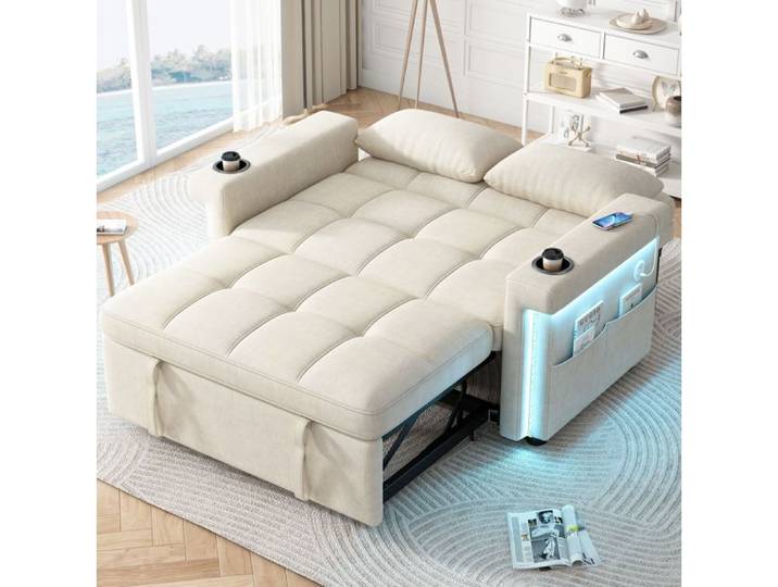 Modenuit Canapé convertible 2 places en chenille beige LED USB/Type-C dossier réglable