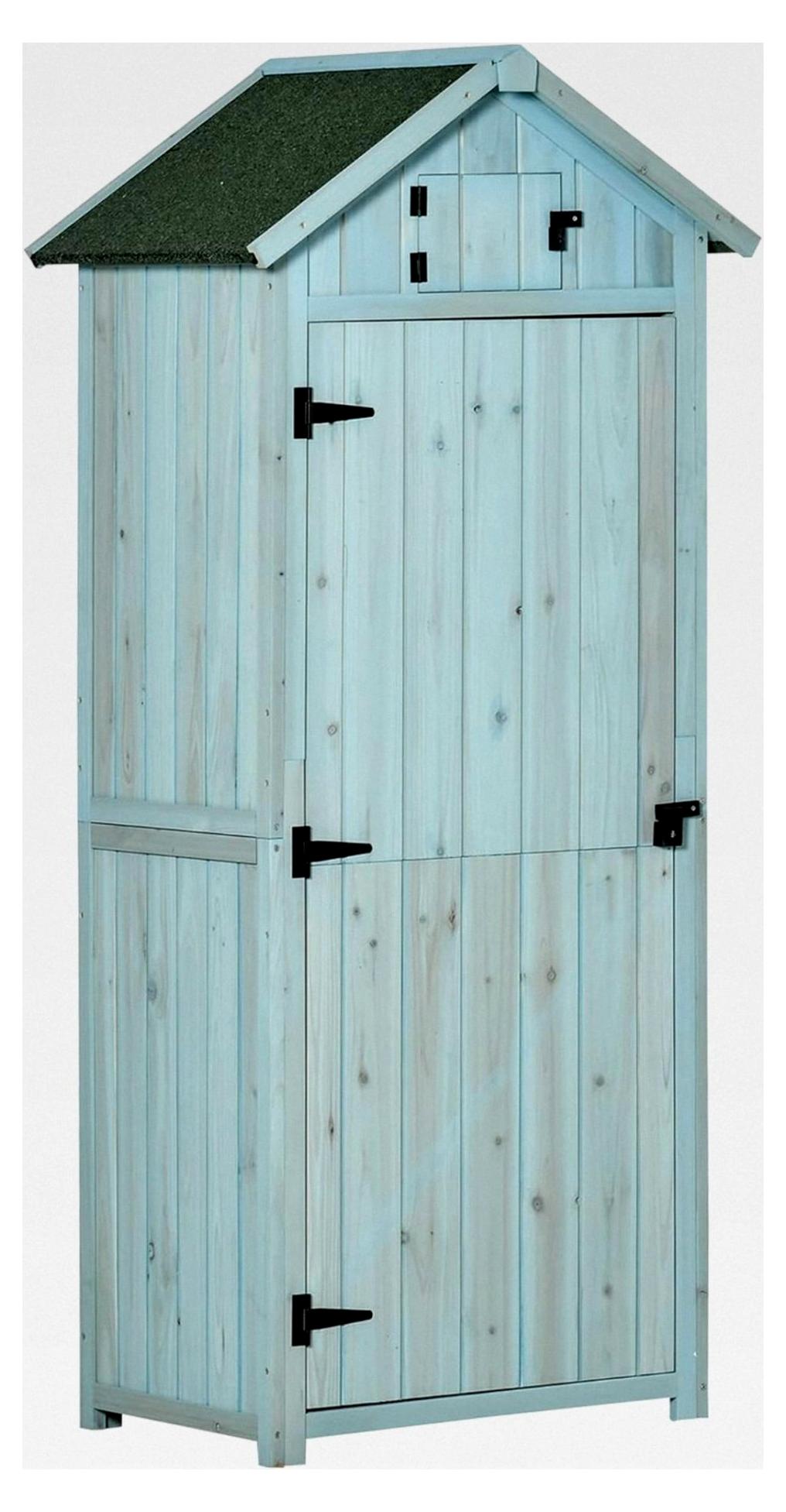 Gartenschrank aus Holz, wetterfester Geräteschuppen 77x54,2x179cm, Gerätehaus mit Tür, Satteldach, Geräteschrank mit Regalen, Werkzeugschrank für Garten und Terrasse, Hellblau+Grün