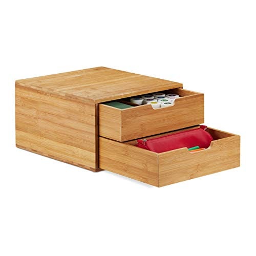 Relaxdays Bamboe Bureau Organizer met 2 Lades, Beige/Bruin, Multi-compartiment, Minimalistisch Design