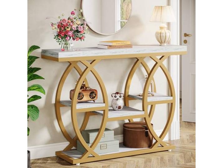 Tribesigns Konsolentisch, 100 x 30 cm Industrieller 4-Stöckiger Sofatisch Eingangstisch mit Ablagen, Schmale Holzakzenttische mit Metallrahmen für Kleine Räume, Flur, Foyer, Weißgold