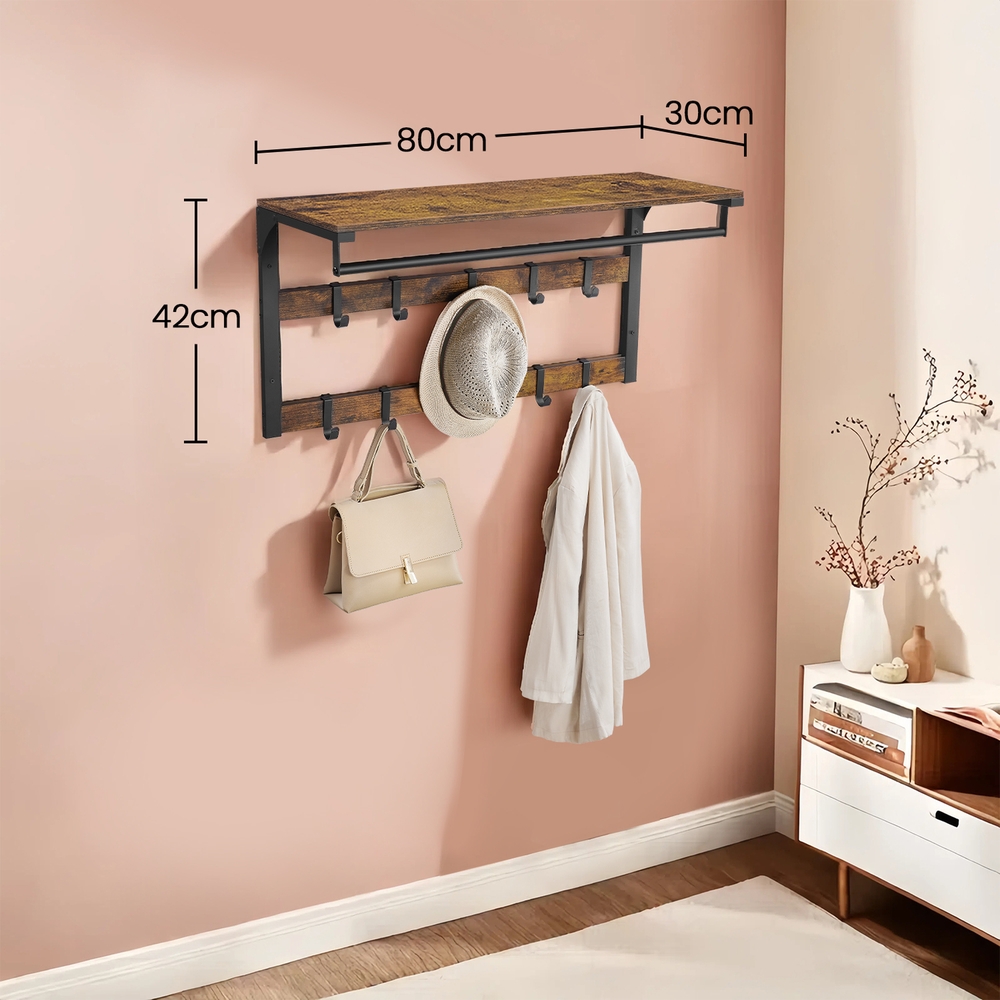 VASAGLE Wandgarderobe, mit Ablage, Wandregal mit 10 abnehmbaren Haken LCRB35201B01