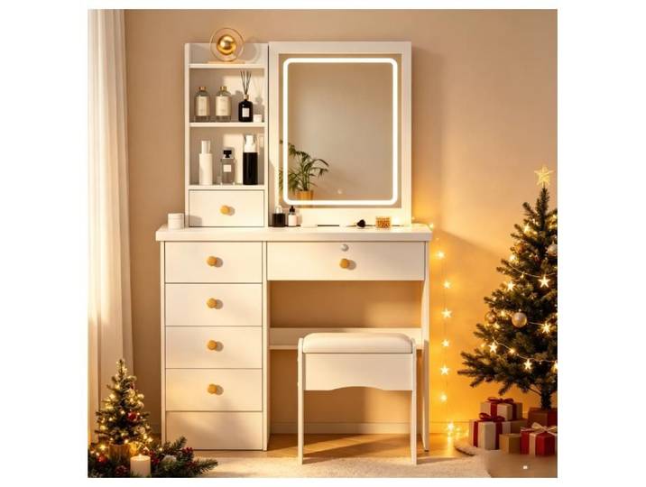 Coiffeuse avec Miroir LED - 6 Tiroirs - Miroir Lumineux Coulissant - Multiples étagères de Rangement Dissimulées - 80x36x132cm