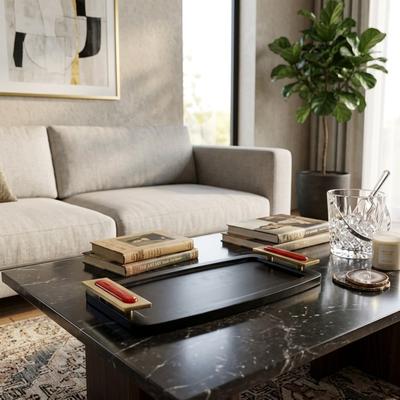 Sagebrook Home "Mango Wood Tray with Handles - 17"", Black & Red - 17.0"""