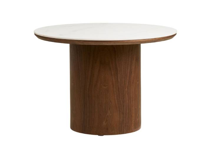 Table Basse Ø60cm Plateau En Céramique Aspect Marbre Pied Placage Frêne Teinté - Nelly