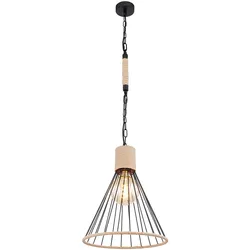 Pendellampe Hanfseil Hängeleuchte Kette Esszimmer Pendelleuchte im Käfig Design, Metall schwarz, 1x E27 Fassung, DxH 35x140 cm