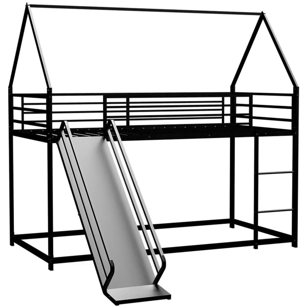 Kinder-Etagenbett - Hausförmiges Bett mit Rutsche - 90 x 190 cm - Leiter - Kein Lattenrost erforderlich - Schwarz