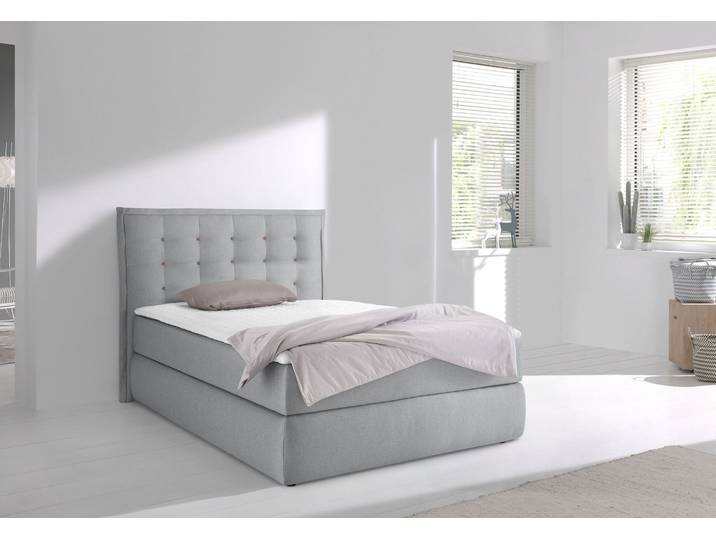Boxspringbett, Feinstruktur 100% Polyester, Grau, 155×210 cm, Mit Kopfteil & Zwei-Farbigen Knöpfen, Modern, Inosign