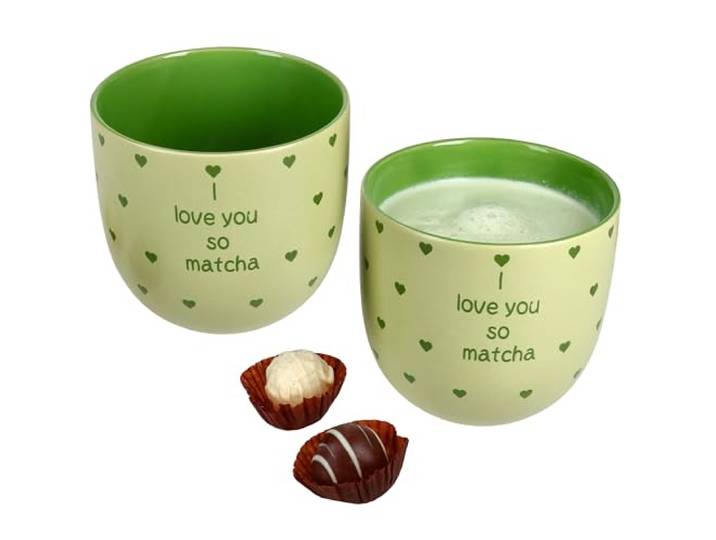 MamboCat Set van 2 I Love Matcha bekers 370 ml groene aardewerk mokken zonder handvat met hart & lettertype voor 2 personen voor matcha-thee, latte, smoothie & co