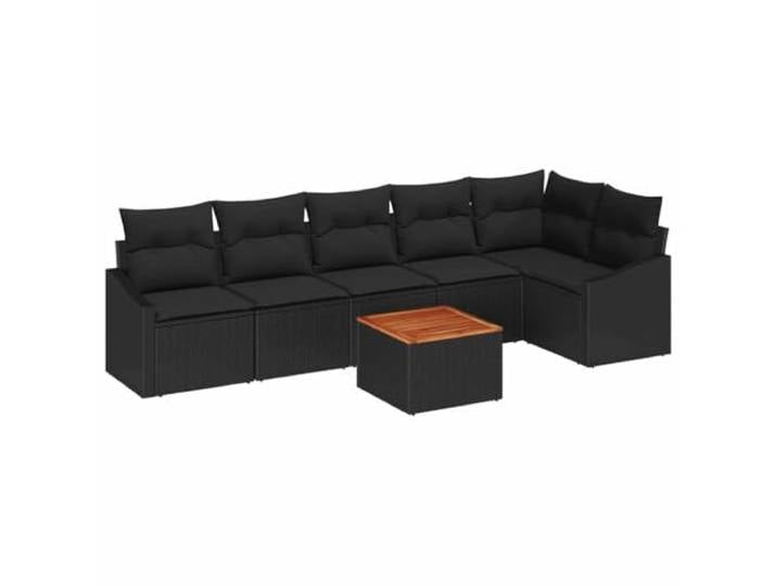 PUGYNBK Garten-Sofa-Set, 7-teilig, Schwarz, Polyrattan Modulares Akazienholz, wetterfest, inkl. Tisch und Eckregal