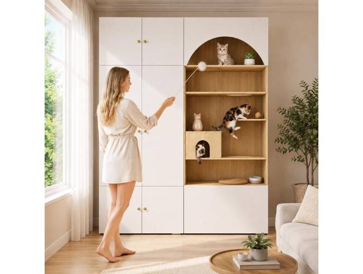 Armoire Penderie pour animaux de compagnie 180x50x200 cm avec 1 tringle à vêtements et mur D'escalade pour chat aspect blanc+bois