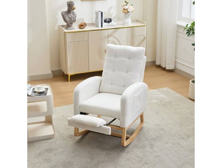 Fauteuil à bascule blanc tissu bouclé USB repose-pied réglable poches salon chambre enfant 66.5x121.5x102cm