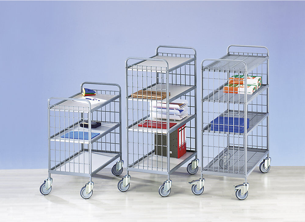 kaiserkraft Büro-Etagenwagen, Tragfähigkeit 150 kg, Etagen / Platten hellgrau kunststoffbeschichtet, 3 Etagen, 4 Lenkrollen