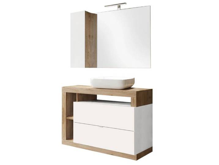 ARTURO - Meuble Vasque 110cm + Miroir blanc et aspect bois finition Cadiz