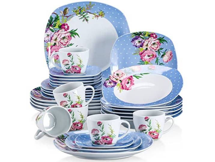 VEWEET Serie HANNAH, 30-tlg Geschirrset 6 Personen, Teller Set Porzellan Tafelservice Porzellan mit je 6 Speiseteller, Dessertteller, Suppenteller, Kaffeetassen und Untertasse für 4-12 Personen