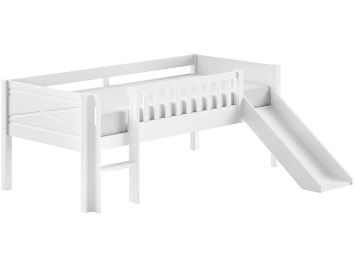 Spielbett VIPACK Scott mit niedriger Einstiegshöhe inkl. Leiter, Rutsche und Rollnrost , weiss (weiß, weiß, weiß), B:175cm H:83cm L:208cm, Betten, Spielbett, in Kiefer massiv, weiss 90x200 cm, wahlweise ohne und mit Rollboxen