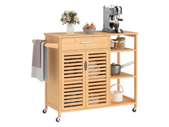 GIANTEX Desserte de cuisine sur roulettes meuble de rangement mobile en bambou avec tiroirs placards et étagères ouvertes