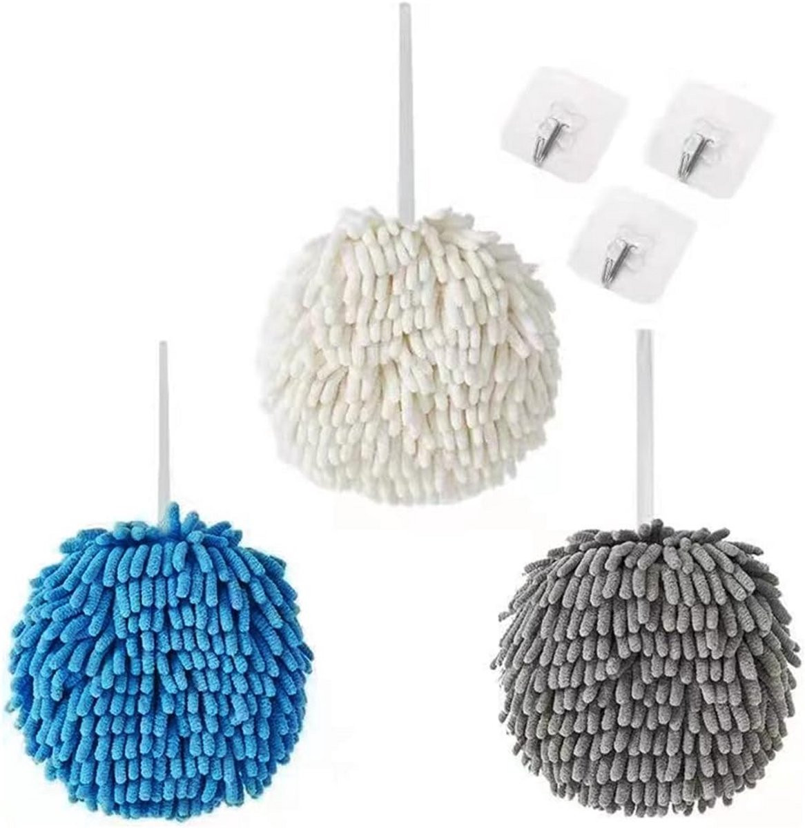 Set van 3 Chenille Handdoeken - Sneldrogend en Ultra Absorberend met Ophanglus voor Badkamer en Keuken