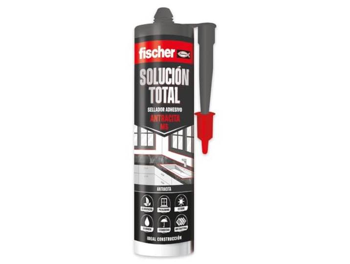 fischer 574716 Total antraciet, MS-lijm, lijmen, verzegelen en repareren, binnen en buiten, waterdicht, MS-polymeer (290 ml)