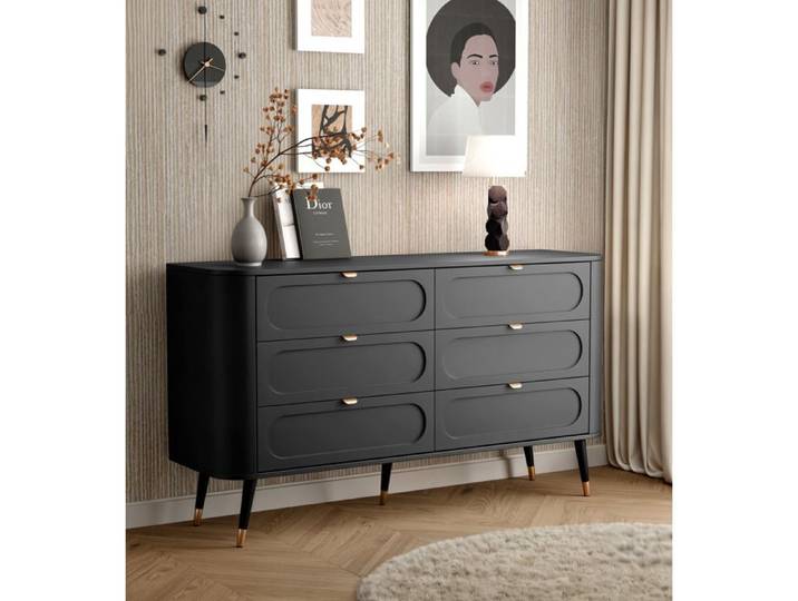 Commode NOIR - 6 tiroirs - 138x40x80 cm - style glamour - Noir