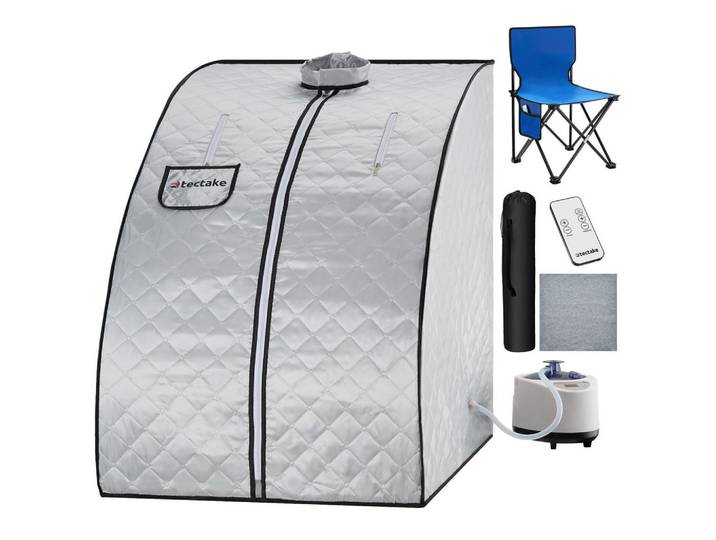 tectake Mobile-Dampfsauna Thermaluxe II, inkl. Fernbedienung, Matte, Klappstuhl und Tragetasche, grau/blau, Grau, Blau, Kunststoff, Freiform, 78x100x90 cm, Freizeit & Co, Wellness & Gesundheit, Sauna