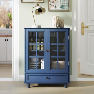 GDFStudio - Lillian Modern Wood Buffet Sideboard Cabinet with Adjustable Shelves, Tempered Glass Doors & Solid Wood Legs