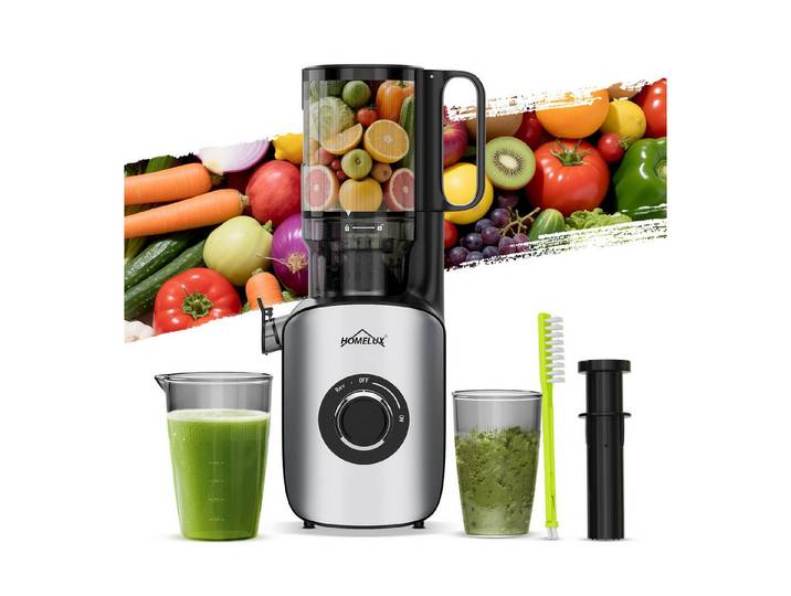 HOMELUX Entsafter Slow Juicer 126MM Öffnung für Ganze Gemüse Früchte mit 2 Tassen Bürste, 220 W, BPA-Frei, Hohe Saftausbeute, Erhalt der Nährstoffe