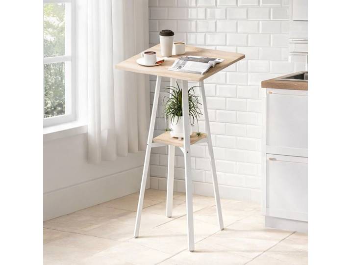 Table haute mange-debout carrée 2 personnes plateau mélamine effet bois et piètement métal blanc 55x55x95 cm avec étagère