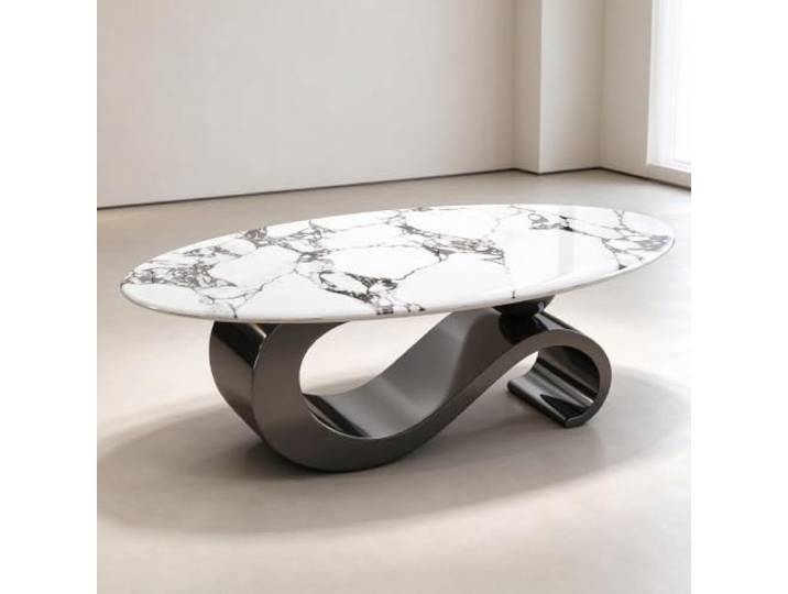 YHTCSXMD Moderner Ovaler Couchtisch mit Steinplatte Metallbasis Couchtisch mit 12mm Steinplatte, Doppelstütze und schwarzer Titanbasis für modernes Wohnzimmer, Sofa und Einrichtung