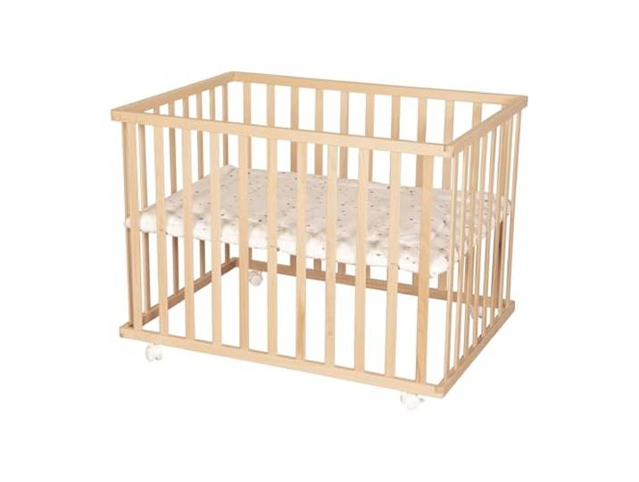 roba Laufgitter 75 x 100 cm mit Einlage Sternenzauber – Holz Natur Laufgitter aus Holz mit weicher Einlage & Rollen – 3-fach höhenverstellbar, mobil und für Babys bis 15 kg geeignet