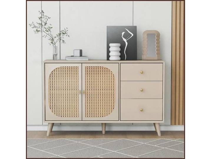 Sideboard Buffet - 2 Portes Rattan + 3 Tiroirs - Off White - 120 cm