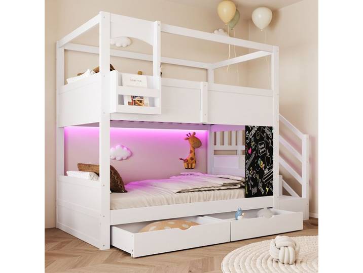 Lit superposé cabane enfant 90x200 cm en bois Échelle rangement 2 tiroirs Étagère modulable Tableau créatif Garde-corps Blanc