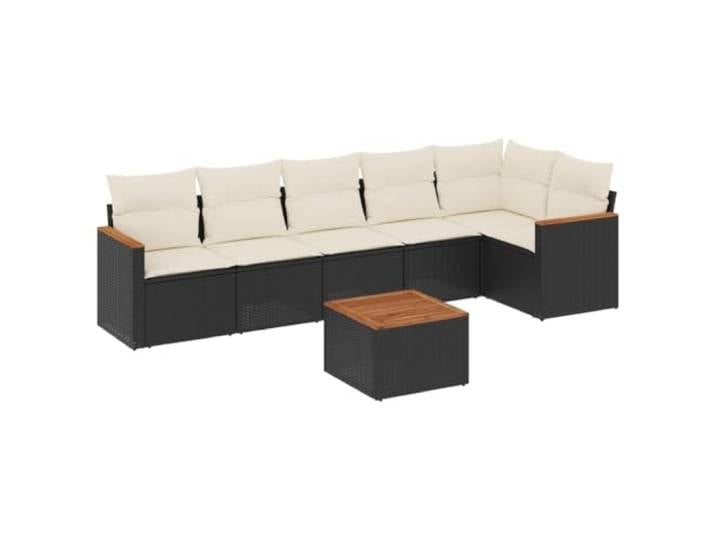 PUGYNBK Gartenset 7-teilig Synthetik Rattan, schwarz Holztisch Akazie Wasserdichte Kissentasche Modular Design Bezüge waschbar
