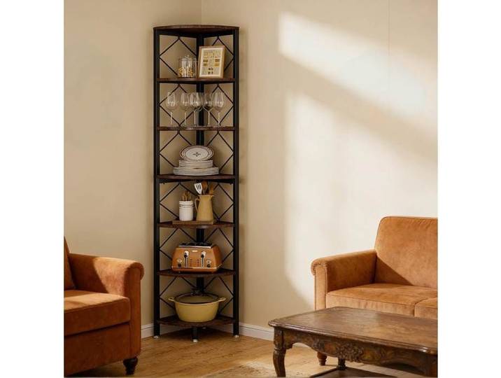 WOVREO Bibliothèque d'angle 7 niveaux 35x35x200 cm étagère étroite en métal et bois noir et marron