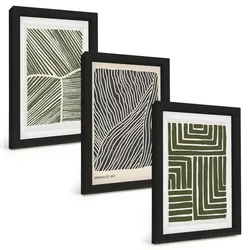 BILDER SET 3er Set - 20x30 cm Schwarzer Rahmen - Muster Linien Formen grün