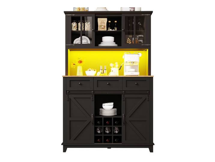 EXTSUD Küchenbuffet mit LED – Vitrinenschrank & Stauraum (Sideboard mit LED-Beleuchtung,Variable Lichtfarben) Buffetschrank mit Verstellbaren Ablagen