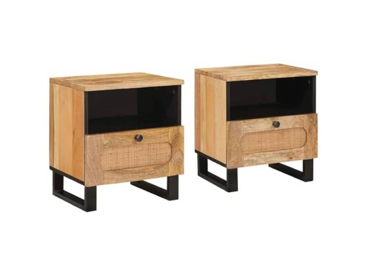 LKJephalotrop Nachttisch 2er Set Massivholz Mango 40x33x46 cm Natur Rustikaler Beistelltisch fürs Schlafzimmer mit praktischer Schublade und veredelter Rückseite für freies Platzieren.