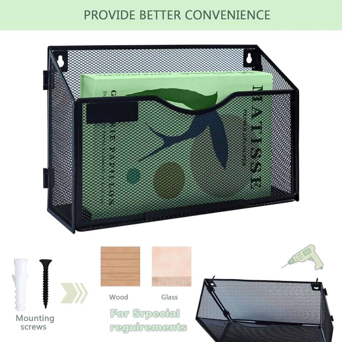 Thijox Wandmontage Documenthouder - 1-laags Metaalgaas - Zwart - A4 Document Organizer