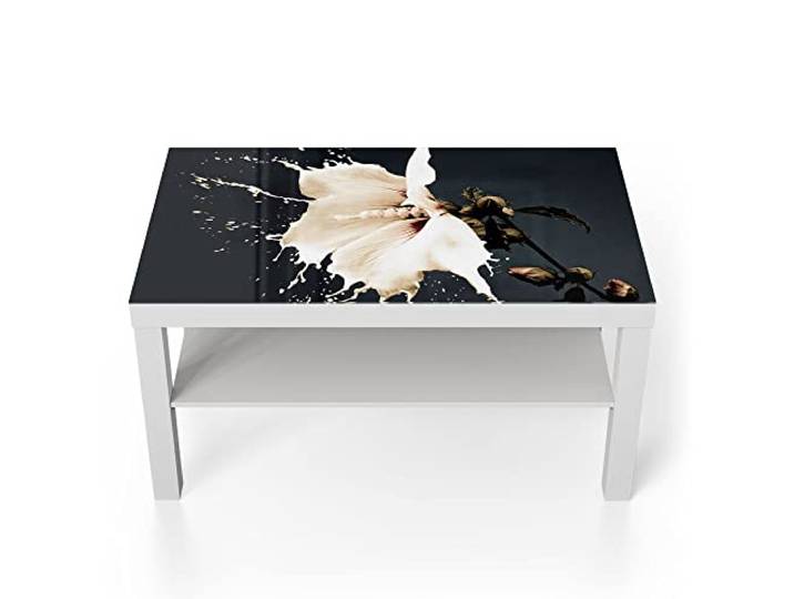 DEQORI Glastisch weiß groß 90x50 cm Motiv Milchige Blüte ausgefallener Beistelltisch aus Glas Hochglanz Couchtisch fürs Wohnzimmer moderner Couch Tisch mit Design