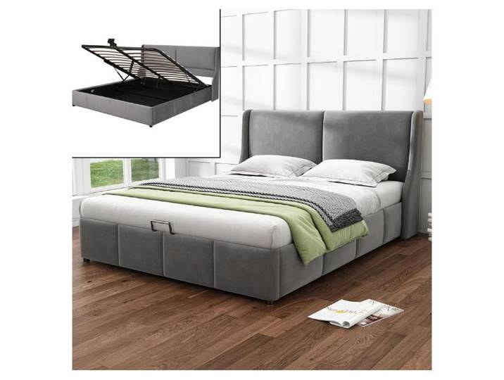 Lit coffre rembourré 180x200 Lit 2 personnes Stockage hydraulique Design moderne Velours Gris